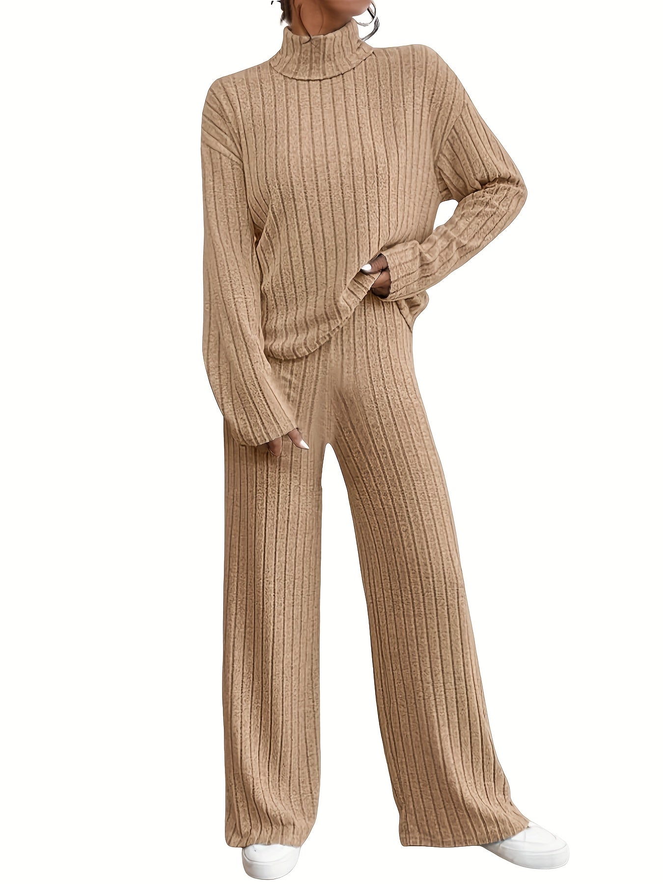 Dames comfortabele set met turtleneck bovenkant en flared broek