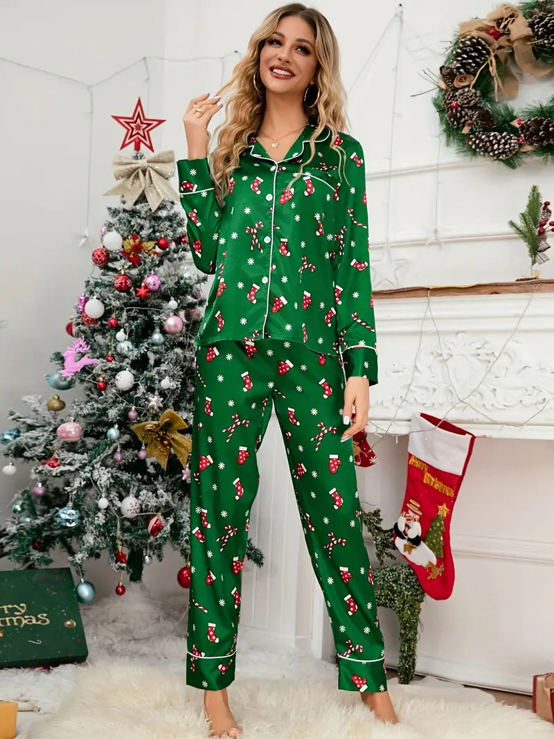 Dames comfortabele satijnen kerstpyjama set