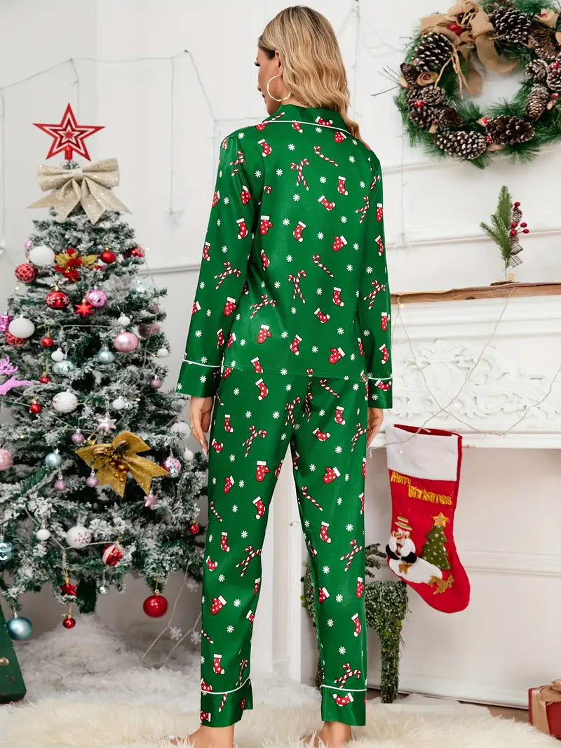 Dames comfortabele satijnen kerstpyjama set