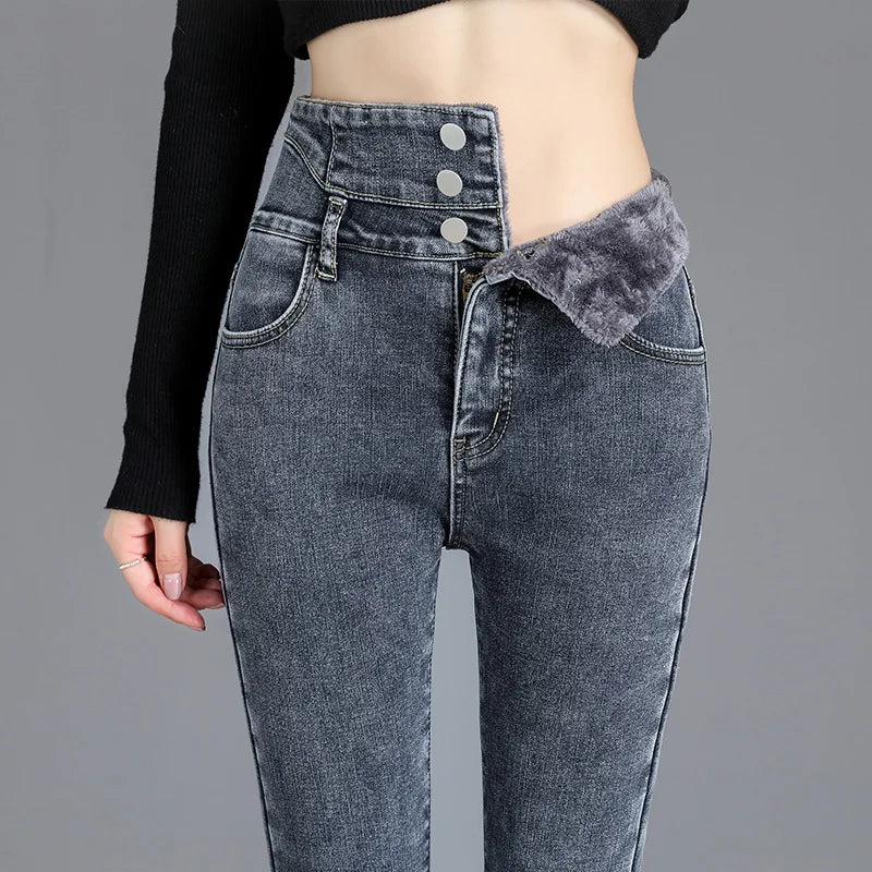 Dames jeans met hoge taille en warme fleece voering