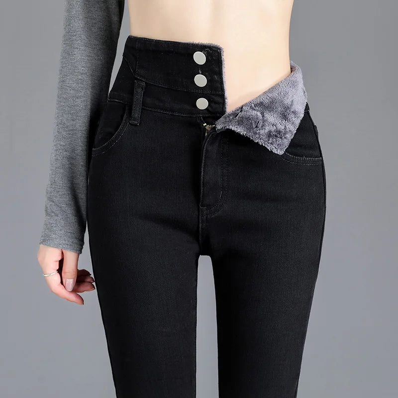 Dames jeans met hoge taille en warme fleece voering