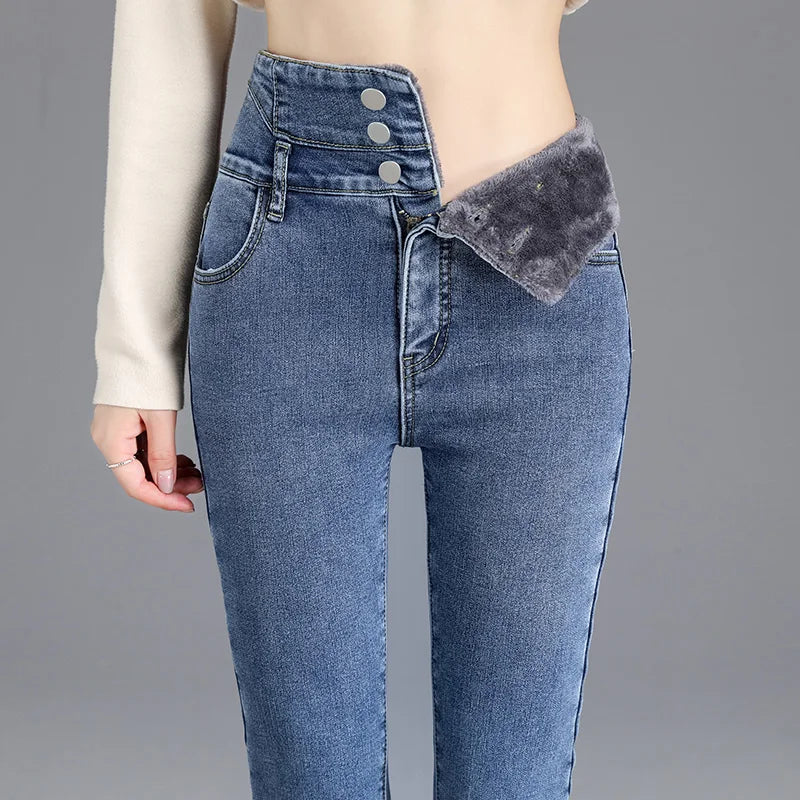 Dames jeans met hoge taille en warme fleece voering