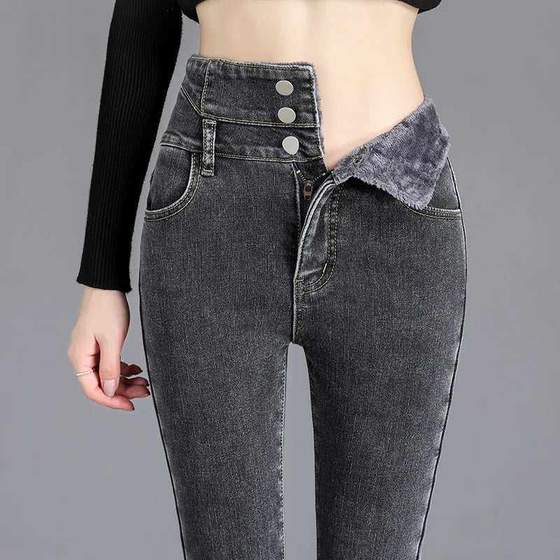 Dames jeans met hoge taille en warme fleece voering