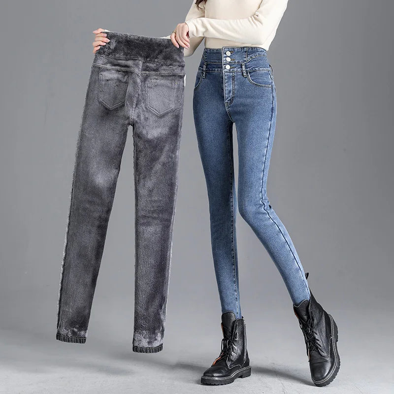 Dames jeans met hoge taille en warme fleece voering