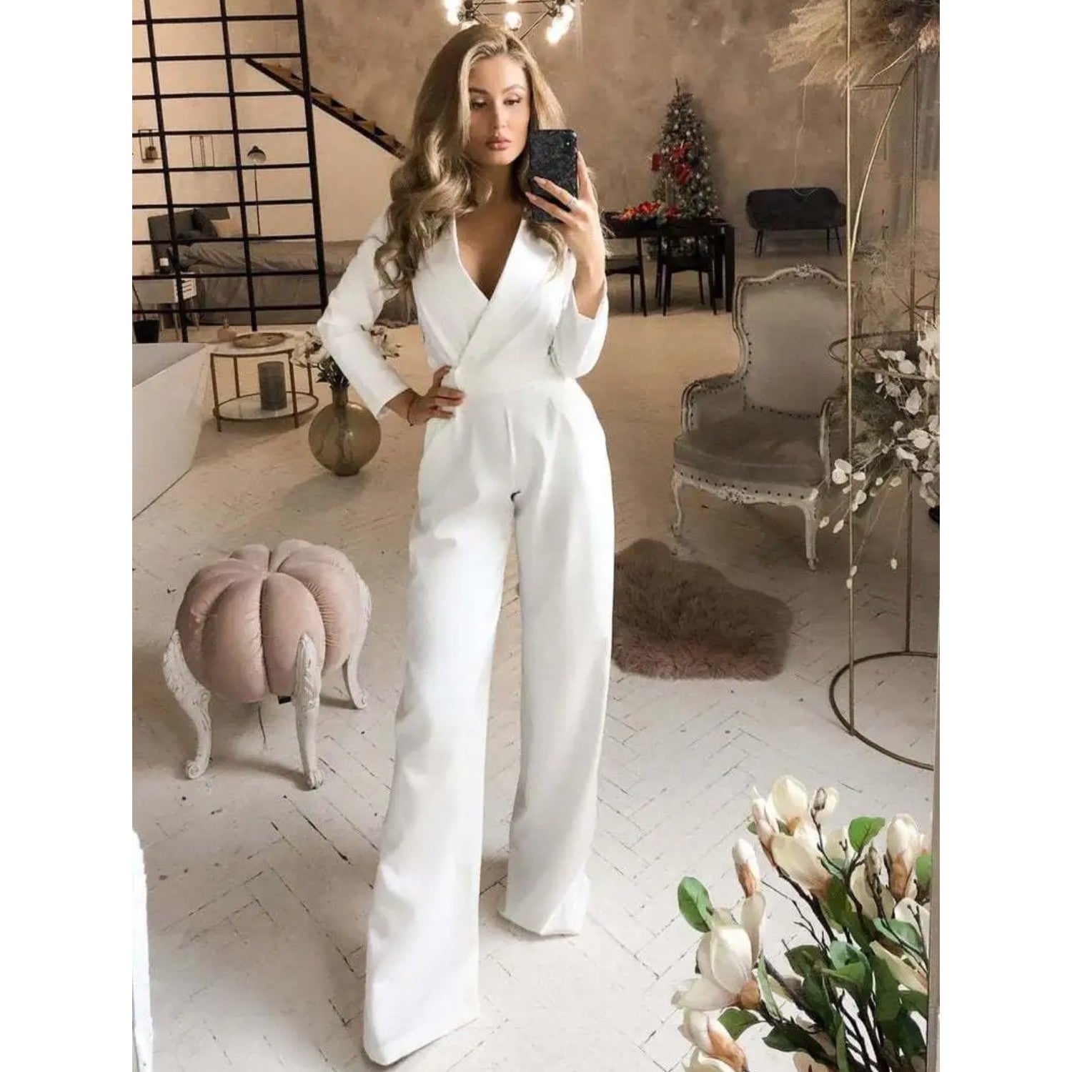 Dames jumpsuit met V-hals en lange mouwen