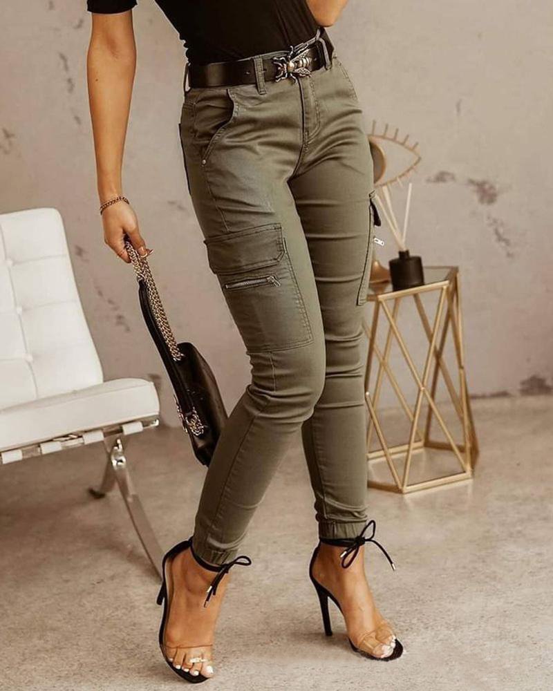 Dames Hoge Taille Cargo  Broek met Zijzakken